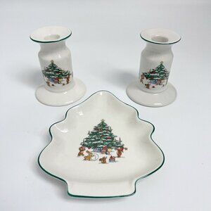 Salem China Co. Whimsical Christmas Cookie Plate , 2 Candlestick Holders Vintage